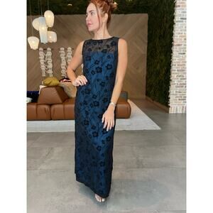 Rimini by Shaw Vintage 80s 90s  Black Sheer Floral Overlay Blue Gown Size 6